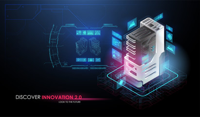 Artificial intelligence and robotic quantum computing processor concept. Creative isometric illustration with HUD elements. Quantum computer technology concept.