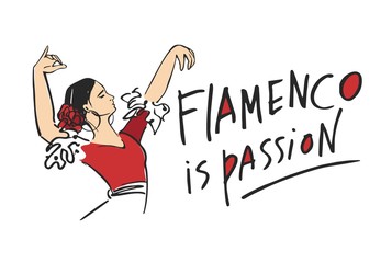 A flamenco dancer with her hands up with a red rose in her hair and a red dress drawn with words flamenco is passion by hand for a poster. Vector illustration
