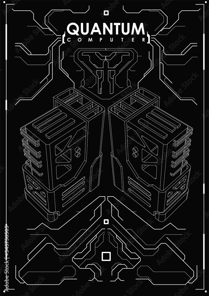 Poster artificial intelligence and robotic quantum computing processor concept. creative poster with hud el