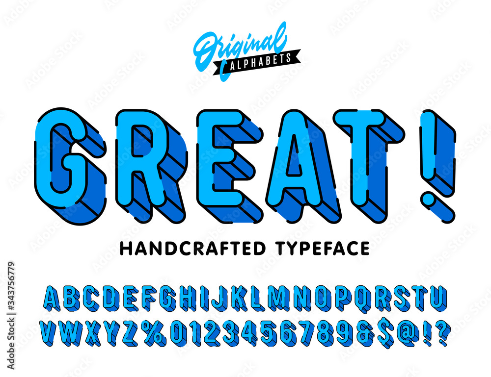 Fototapete great. vintage 3d rounded alphabet with dashed line contour. bright retro typeface.