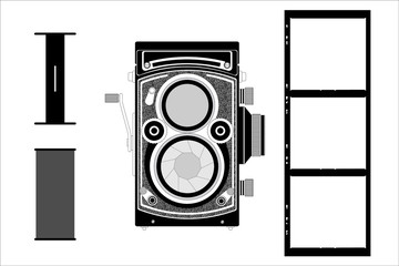 Film medium format vintage photo camera and black and white film strip template 120 type (60 mm or 2x2 in) negative with three 6x6cm with empty space inside frames.