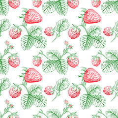 Strawberry seamless pattern drawing. Isolated hand drawn berry and leaf on white background. Summer fruit engraved style illustration. Detailed vegetarian food.