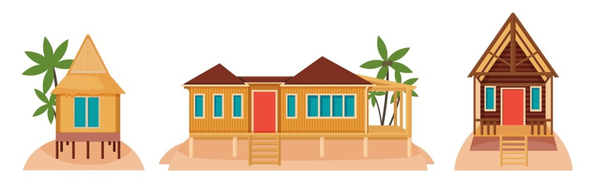 Bungalow houses on tropical islands. Illustration of exotic architecture. Holiday of rest, tourism, summer mood, vacation. Villas in various architectural designs