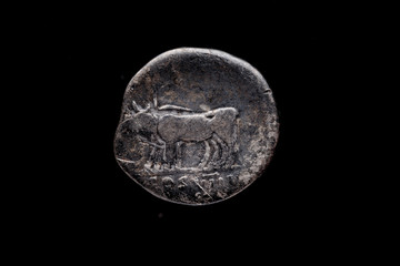 Roman coin, AR Denarius,Vespasian, Rome mint,  69-79 AD., Ancient roman coin with portrait of emperor isolated on black