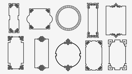 Set of art frames in asian style. Chinese, korean, japanese style ornament isolated on white background. Used as an art element to create various scenes. Vector graphics