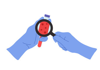 Vector illustration of hands wearing gloves holding coronavirus test tube with blood sample or virus vaccine. Medical concept of coronavirus disease 2019 COVID-19 or SARS-CoV-2 test close-up.