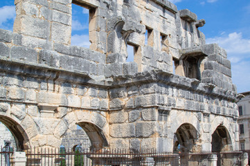 Walls of the Pula Arena, the only remaining Roman amphitheatre entirely preserved, in Pula, Croatia