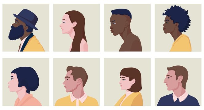 Male and female faces in profile with various hairstyles. The concept of fashionable and colorful portrait silhouettes, illustrations of stylish hairstyles.