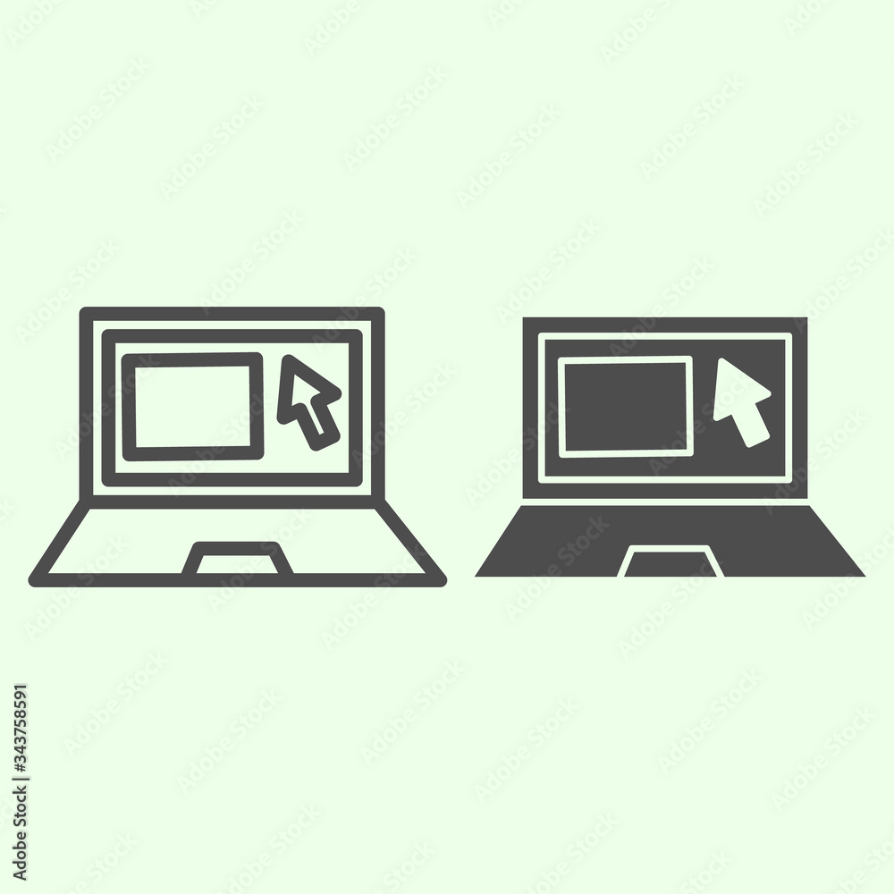Poster laptop line and solid icon. office notebook with cursor and website on monitor outline style pictogr
