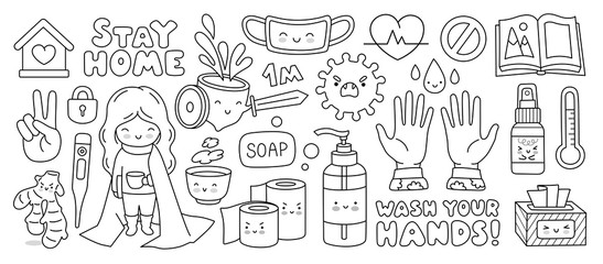 Coronavirus pandemic, covid-19. Quarantine and self isolation. Outline elements and characters for coloring book. Medical mask, sanitizer, lungs, thermometer. Cartoon vector illustration for children.