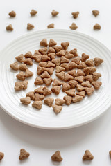 Domestic cat food. Minimalism top view flat lay plate with white dry food. Pet care.