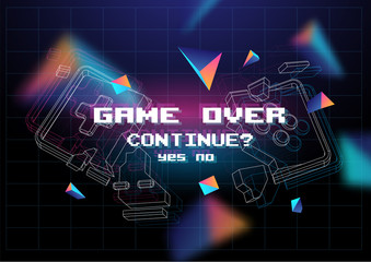 Game Over poster with lowpoly elements. Broken game controller. Creative gaming template. - obrazy, fototapety, plakaty