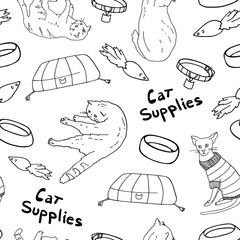 Outline cat supplies set. Hand drawn colorful vector illustration. Pet lounger, bowl, toy, collar, sweater and kittens in different poses for decoration, banners, print, cattery, veterinary, pet shop.