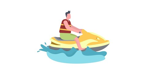 A man rides a jet ski. Illustration in warm yellow-red colors of the joy of relaxation, water extreme. Made in a modern color flat style. Symbol of high-speed sea adventure, travel.