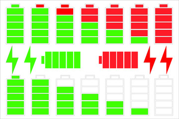 Battery vector icons set with different charge level.