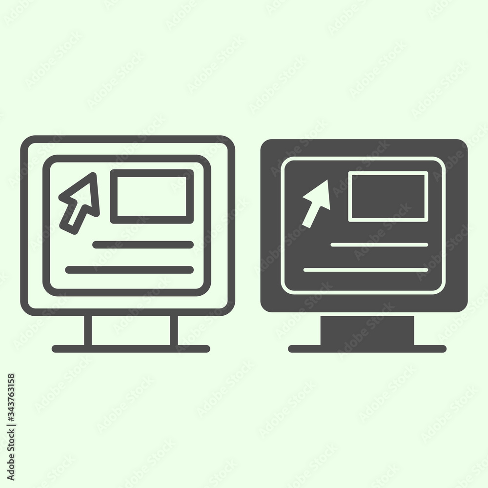 Poster computer line and solid icon. webpage with cursor on pc monitor outline style pictogram on white bac