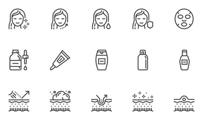 Skin Сare Vector Line Icons. Cosmetology, Hyaluronic Acid, cosmetic Mask, Pore Cleansing, Acne. Editable Stroke. 48x48 Pixel Perfect.