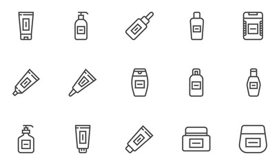 Cosmetic Bottles Vector Line Icons. Shampoo, Hair Gel, Facial Cream, Hand Cream, Cosmetology. Editable Stroke. 48x48 Pixel Perfect.
