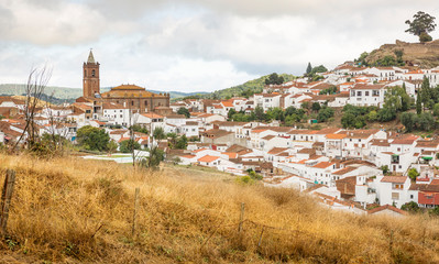 a view over Cortegana town including the Church of the Divine Savior in Autumn, province of Huelva, Andalusia, Spain