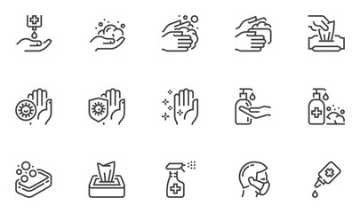 Hygiene and Protection from Infection Vector Line Icons. Washing Hands, Antiseptic Gel, Cleaning Tissues. Editable Stroke. 48x48 Pixel Perfect.
