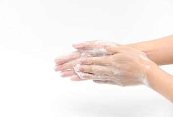 Fototapeta premium Woman use soap and washing hands isolated on white background