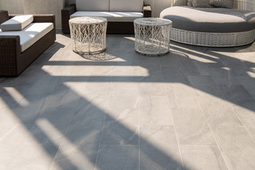 beautiful terrace, grey floor tile outdoor. - obrazy, fototapety, plakaty