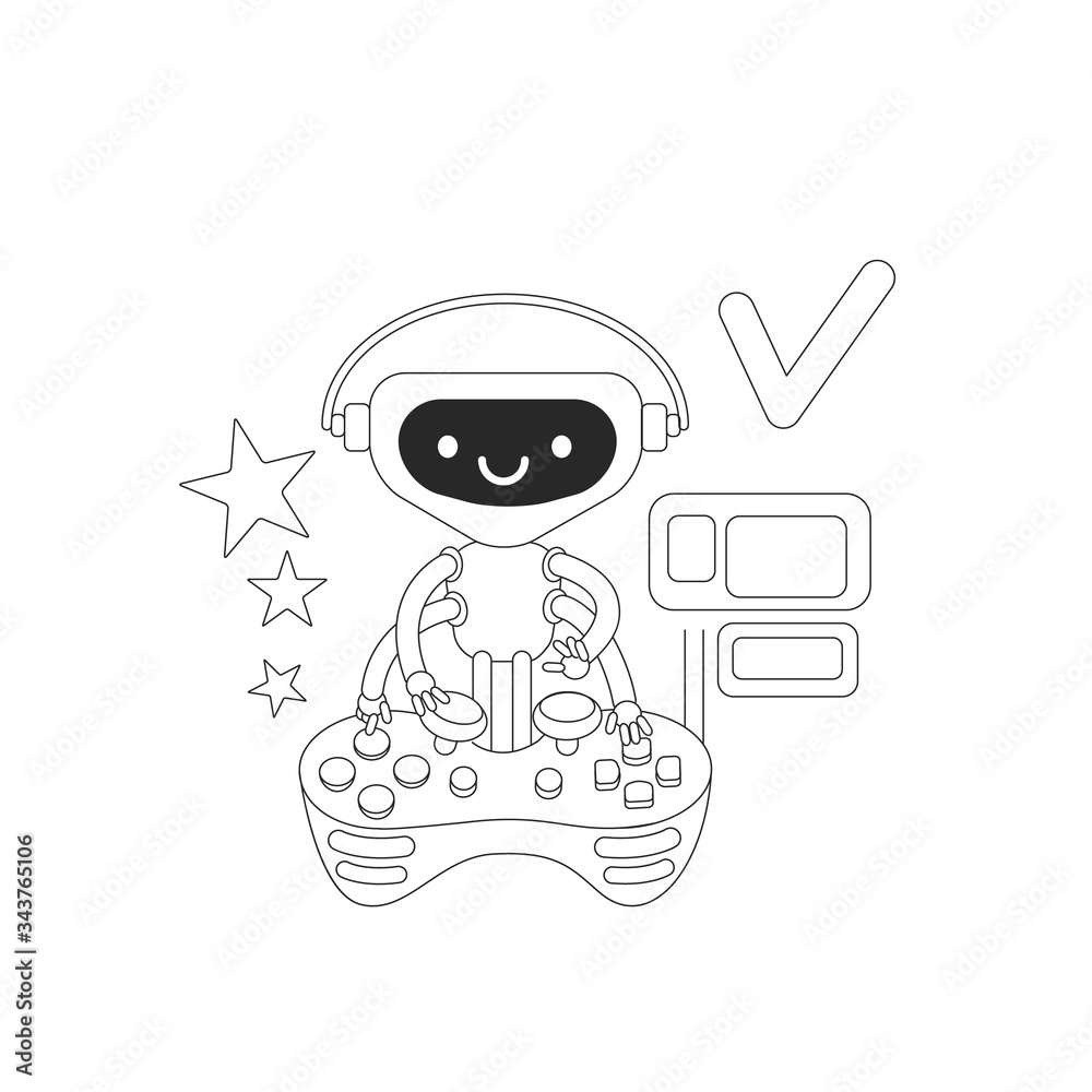 Poster video game bot thin line concept vector illustration. cute robot playing with console joystick 2d ca
