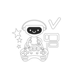Video game bot thin line concept vector illustration. Cute robot playing with console joystick 2D cartoon character for web design. Artificial intelligence non player creative idea