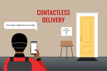 Contactless delivery, courier at a distance from the house, pizza Boxes is located next to the door to the house. The concept of the quarantine and prevention of coronavirus (COVID-19).