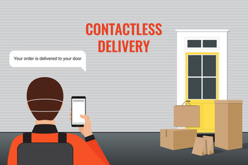 Contactless delivery, courier at distance from house, Boxes and bags is located next to the door to the house. The concept of the quarantine and prevention of coronavirus (COVID-19). Flat illustration
