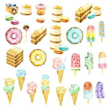 Watercolor set of summer dessert soft ice cream in waffle cone, ice cream fruit, sweet cupcake, tasty, donate, candy. Food illustration on isolated white background for party card, greeting card.