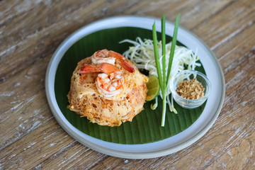 Pad Thai with shrimp on table, Thai Food. 