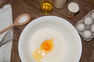 ingredients for dough and baking prepearing pancakes ,flitters,dumplings, vareniks from eggs,flour,milk,salt,sugar and eggs