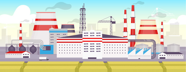 Industrial park flat color vector illustration. Energy station, zoned facility 2D cartoon landscape with cityscape on background. Energy manufacturing station panorama. Urban factory exterior