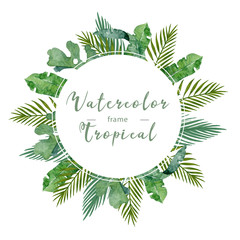 Watercolor jungle frame with tropical palm leaves. Hand drawn illustration exotic green leaf with background. Circle banner