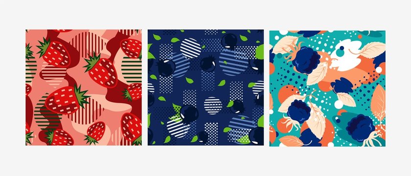 Colored berry patterns . Red, blue, blackberry of patterns on a background of strawberries, blackberries and currants. Saturated bright, colorful textures.