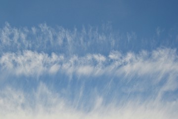 Cirrus clouds against the blue sky. Heaven background. White cirrus clouds on the blue sky