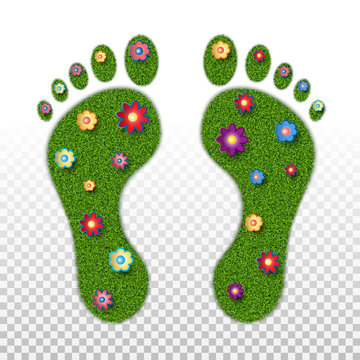 Imprints of the legs of an adult with the texture of green grass and flowers. Ecology, foot health, orthopedics, podology. Isolated on transparent background. Vector illustration
