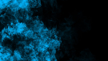 Smoke on the floor. Isolated black background. Misty blue fog film effect texture overlays for text or space. Stock illustration.