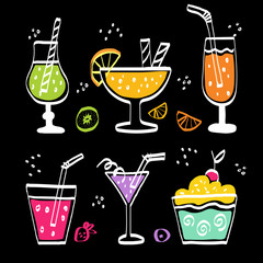 summer cocktails on black background vector illustration