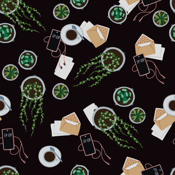 Seamless vector background with cacti and a cup of coffee. Ideal for printing and textiles.