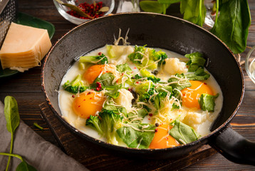 eggs with cheese, broccoli, spinach in a pan on a dark wooden background, delicious healthy Breakfast