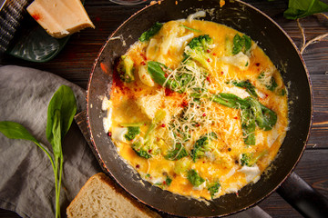 Obraz na płótnie Canvas protein Breakfast , fried eggs with broccoli, spinach, cheese in a pan on a dark wooden , top view, close up