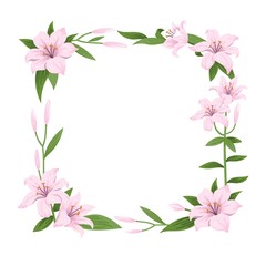 Fototapeta na wymiar Floral frame with pink lilies can be used as an invitation card for a wedding, birthday and other holidays. Floral design or backgrounds. Vector illustration.