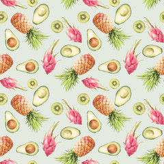 Watercolor exotic fruit seamless pattern. Hand painted texture with pineapple, pitaya, avocado, kiwi. Healthy food wallpaper design