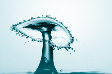 Water splash crown. Drop collision on blue background