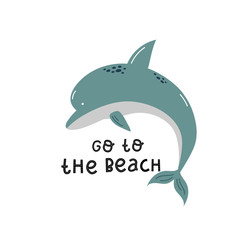 welcome to the beach and dolphin lettering hand drawing calligraphy, vector illustration