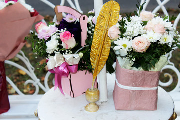 Beautiful flower arrangements on a decorative table.