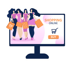 Four young women with packages on a computer monitor. Concept of online shopping, online store. Flat cartoon vector illustration.