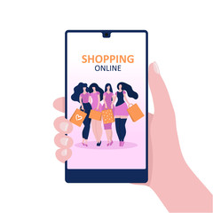 Four young women with packages on a smartphone screen. Concept of online shopping, online store. Flat cartoon vector illustration.